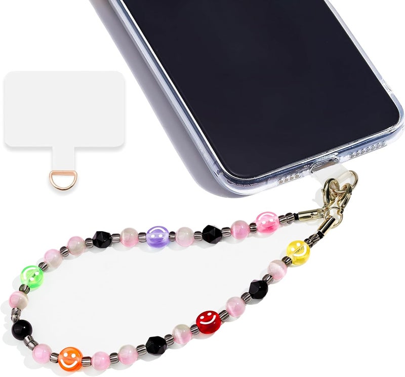 Lostars Store Marble Beaded Phone Wrist Strap,Detachable Phone Bracelet Strap with Tether Tab,Hands-Free Wristlet Strap (Colorful Smiley Face) - Image 1